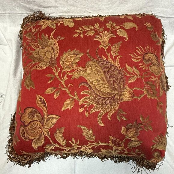 Vintage Red Floral Jacquard Decorative Pillow with Gold Embroidery & Fringe - Picture 2 of 4